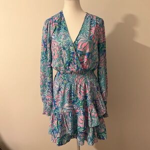 Lilly Pulitzer, spring pink, blue purple, long sleeve short dress
